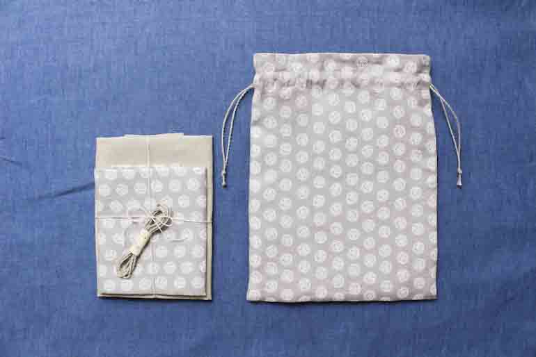 リネンプリントローズドットモーブ<br />巾着セット